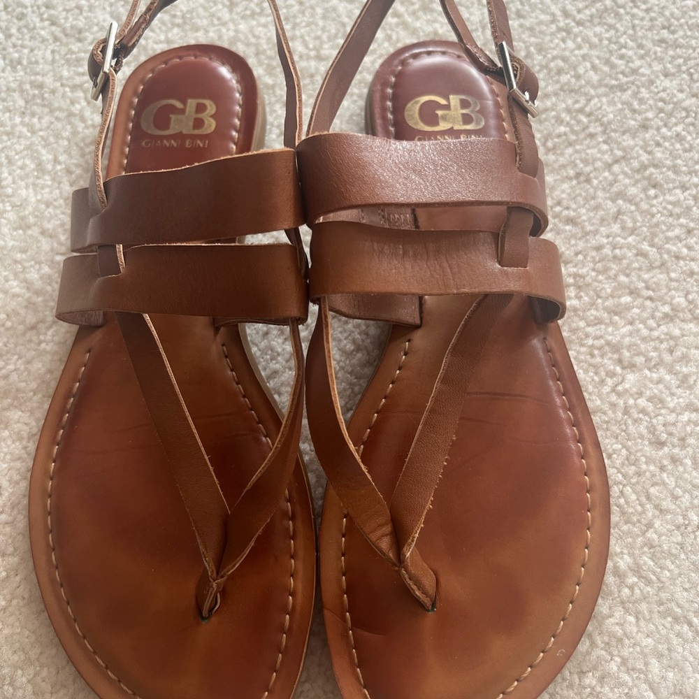 Gianni Bini Tan Leather Strappy T‑Bar Sandals